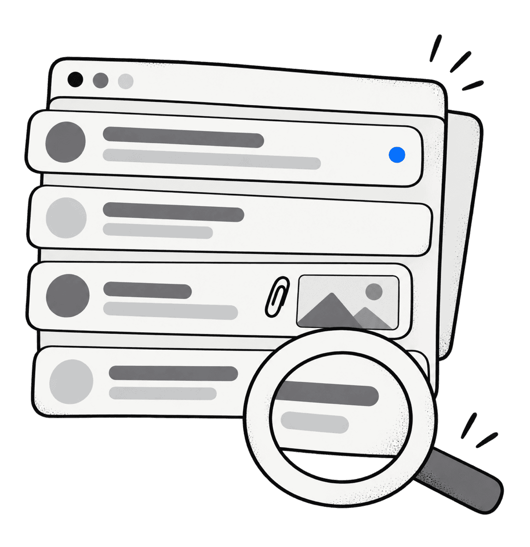 Illustration of an inbox of threads with an attached file