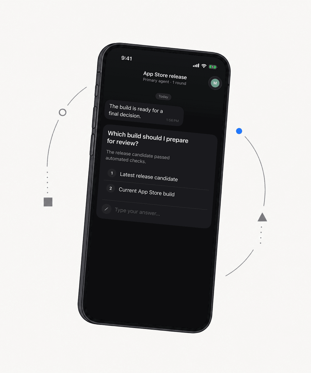 A Notifex thread on an iPhone where an agent asks which build to prepare and offers two options